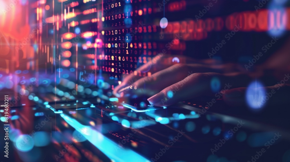 Poster hands typing on computer keyboard, with abstract code, online cyber attack, hack, threats and breach