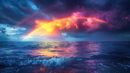 A vibrant rainbow emerging from a stormy sky, representing hope and the possibility of a brighter future for our planet..stock photo