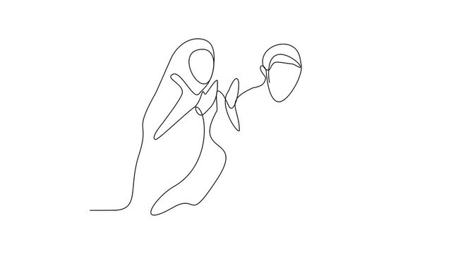 Animated self drawing of a moslem spouse who are performing the Hajj and Umrah in the holy land of Mecca. Worship is carried out in the month of Dzulhijah every year. Islamic design video concept. 
