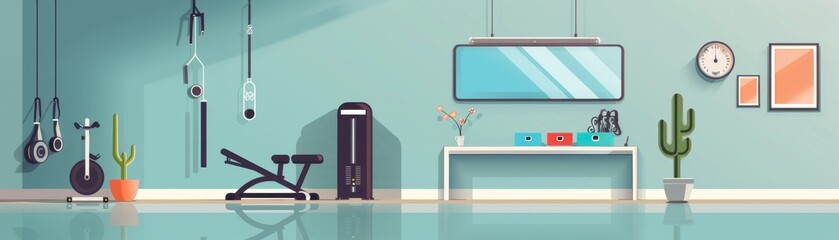 Home gym equipment flat design side view health theme animation Tetradic color scheme
