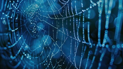 Cobweb or spiderweb natural rain pattern background close-up. Cobweb with drops of rain pattern in blue light.