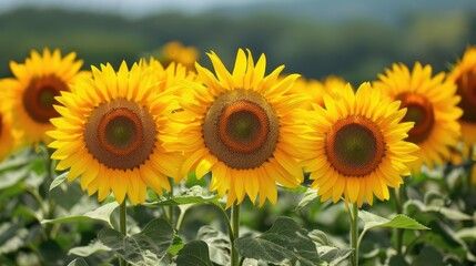 Fototapeta premium Bright sunflowers in golden summer field 