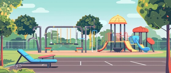 Personal fitness playground flat design side view lifestyle theme cartoon drawing vivid