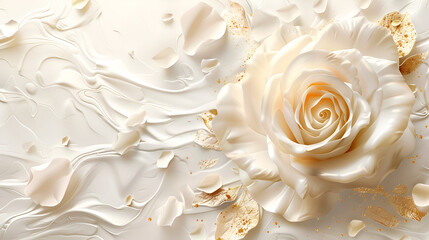 Beautiful white rose and petals on a white background, generative Ai