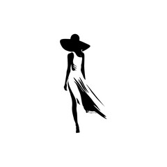 Silhouette illustration of a woman wearing a graceful white dress and black hat