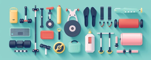 Fototapeta premium Home exercise equipment flat design top view technology theme animation Splitcomplementary color scheme