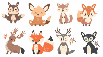 A set of cute cartoon animals. Vector flat images of animals for postcards, invitations, textiles, thermal printing