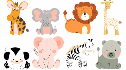 A set of cute cartoon animals. Vector flat images of animals for postcards, invitations, textiles, thermal printing
