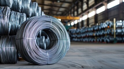coils of steel wire bunch in front of aluminium sheet wall, raw material for industrial work