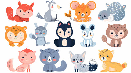Obraz premium A set of cute cartoon animals. Vector flat images of animals for postcards, invitations, textiles, thermal printing