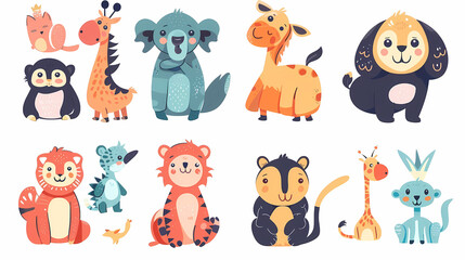 Fototapeta premium A set of cute cartoon animals. Vector flat images of animals for postcards, invitations, textiles, thermal printing