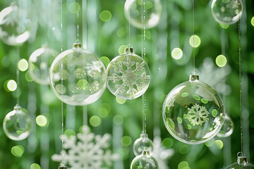 Magical holiday green ambiance with suspended snowflakes and gleaming glass spheres.