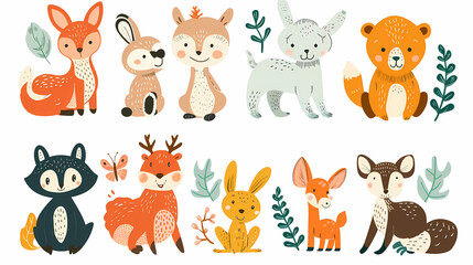 Fototapeta premium A set of cute cartoon animals. Vector flat images of animals for postcards, invitations, textiles, thermal printing