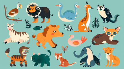 A set of cute cartoon animals. Vector flat images of animals for postcards, invitations, textiles, thermal printing