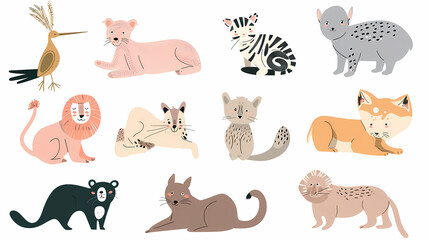 A set of cute cartoon animals. Vector flat images of animals for postcards, invitations, textiles, thermal printing