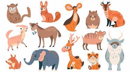Fototapeta premium A set of cute cartoon animals. Vector flat images of animals for postcards, invitations, textiles, thermal printing