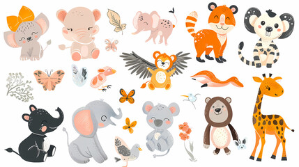 A set of cute cartoon animals. Vector flat images of animals for postcards, invitations, textiles, thermal printing