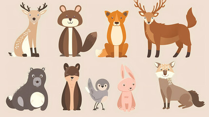 Fototapeta premium A set of cute cartoon animals. Vector flat images of animals for postcards, invitations, textiles, thermal printing