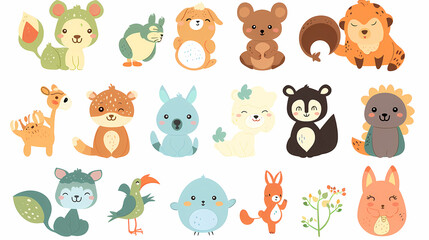 Fototapeta premium A set of cute cartoon animals. Vector flat images of animals for postcards, invitations, textiles, thermal printing