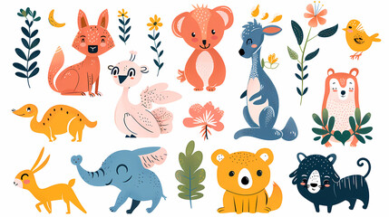 A set of cute cartoon animals. Vector flat images of animals for postcards, invitations, textiles, thermal printing