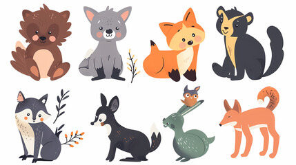 A set of cute cartoon animals. Vector flat images of animals for postcards, invitations, textiles, thermal printing