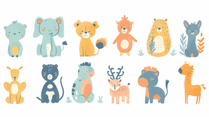 Obraz premium A set of cute cartoon animals. Vector flat images of animals for postcards, invitations, textiles, thermal printing
