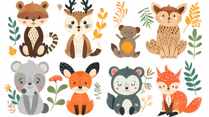 Fototapeta premium A set of cute cartoon animals. Vector flat images of animals for postcards, invitations, textiles, thermal printing