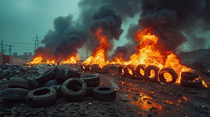 A photo of a pile of burning tires releasing thick black smoke into the air, illustrating the problem of air pollution caused by improper waste incineration..stock image