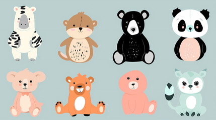 A set of cute cartoon animals. Vector flat images of animals for postcards, invitations, textiles, thermal printing