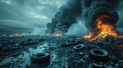 A photo of a pile of burning tires releasing thick black smoke into the air, illustrating the problem of air pollution caused by improper waste incineration..illustration graphic