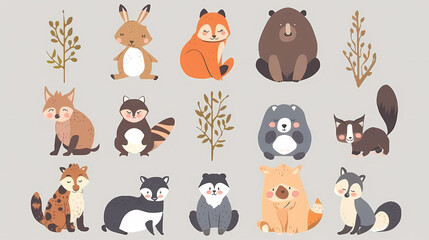 A set of cute cartoon animals. Vector flat images of animals for postcards, invitations, textiles, thermal printing