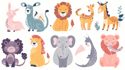 A set of cute cartoon animals. Vector flat images of animals for postcards, invitations, textiles, thermal printing