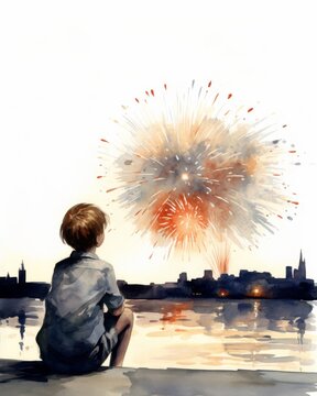 A young boy watching a colorful fireworks display over a city skyline by the waterfront, creating a mesmerizing and magical night scene.