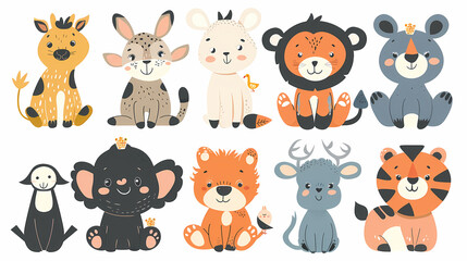 A set of cute cartoon animals. Vector flat images of animals for postcards, invitations, textiles, thermal printing