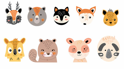 Obraz premium A set of cute cartoon animals. Vector flat images of animals for postcards, invitations, textiles, thermal printing