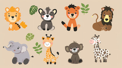 Fototapeta premium A set of cute cartoon animals. Vector flat images of animals for postcards, invitations, textiles, thermal printing