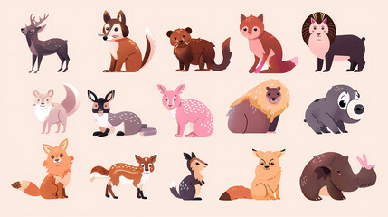 Obraz premium A set of cute cartoon animals. Vector flat images of animals for postcards, invitations, textiles, thermal printing