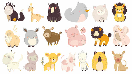 A set of cute cartoon animals. Vector flat images of animals for postcards, invitations, textiles, thermal printing