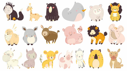 Naklejka premium A set of cute cartoon animals. Vector flat images of animals for postcards, invitations, textiles, thermal printing