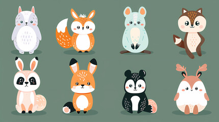 A set of cute cartoon animals. Vector flat images of animals for postcards, invitations, textiles, thermal printing