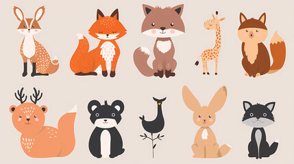 A set of cute cartoon animals. Vector flat images of animals for postcards, invitations, textiles, thermal printing