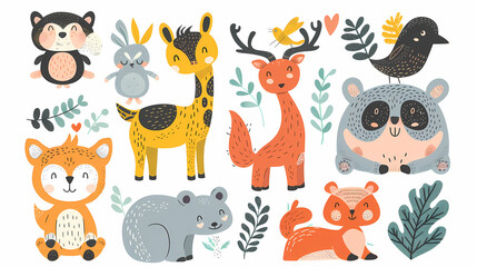 A set of cute cartoon animals. Vector flat images of animals for postcards, invitations, textiles, thermal printing