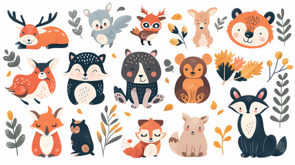 A set of cute cartoon animals. Vector flat images of animals for postcards, invitations, textiles, thermal printing