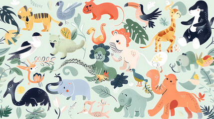 Fototapeta premium A set of cute cartoon animals. Vector flat images of animals for postcards, invitations, textiles, thermal printing