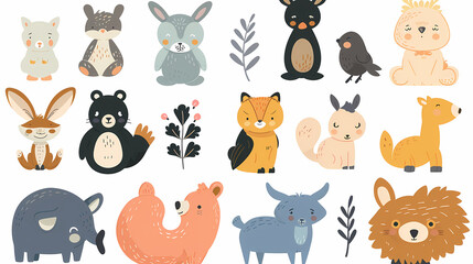 Fototapeta premium A set of cute cartoon animals. Vector flat images of animals for postcards, invitations, textiles, thermal printing