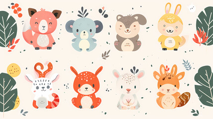 Obraz premium A set of cute cartoon animals. Vector flat images of animals for postcards, invitations, textiles, thermal printing