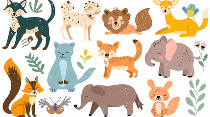 Obraz na płótnie Canvas A set of cute cartoon animals. Vector flat images of animals for postcards, invitations, textiles, thermal printing