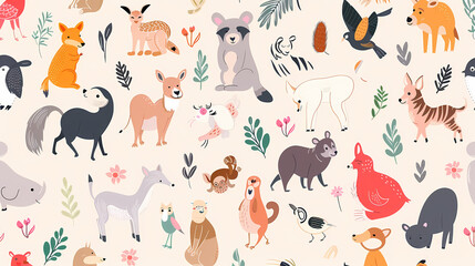 A set of cute cartoon animals. Vector flat images of animals for postcards, invitations, textiles, thermal printing