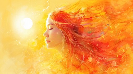 A beautiful sun goddess with long hair cascading like beams of light, her skin glowing with a warm golden hue, set against a backdrop of a rising sun, Watercolor, Warm and soft tones, Delicate design
