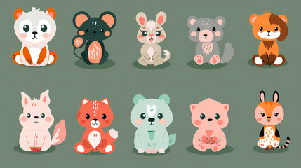 Obraz premium A set of cute cartoon animals. Vector flat images of animals for postcards, invitations, textiles, thermal printing